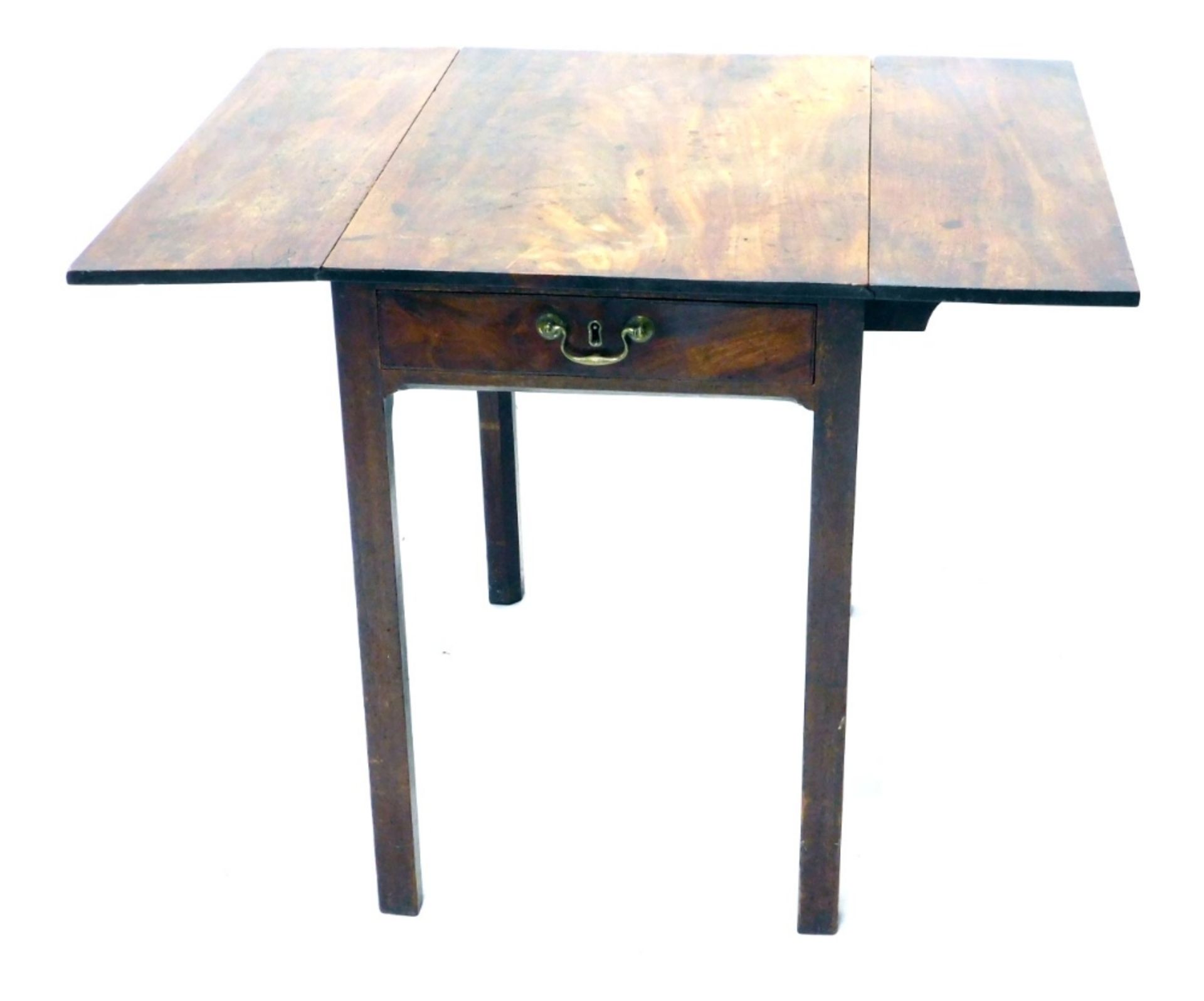 A 19thC mahogany Pembroke drop leaf table, with brass handle, on square chamfered legs, 72cm high, 7