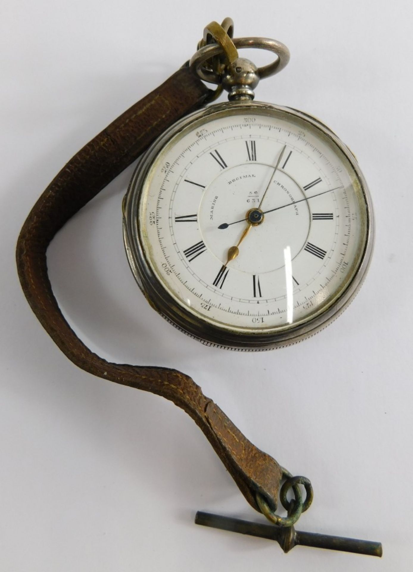 A Victorian silver marine chronograph watch, with keywind and white enamel Roman numeric dial, marke - Image 2 of 3