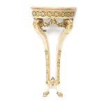 A Continental white painted and parcel gilt wood console table, the pink variegated marble demi lune