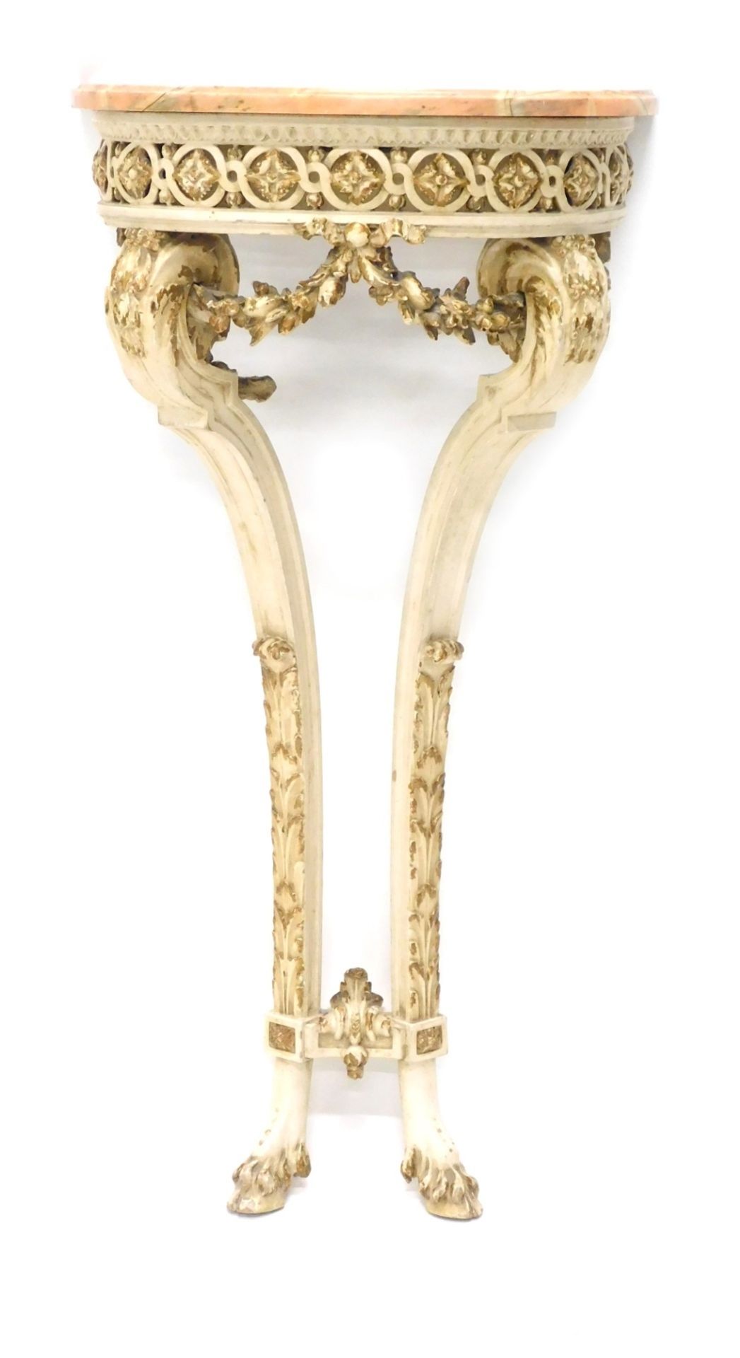 A Continental white painted and parcel gilt wood console table, the pink variegated marble demi lune