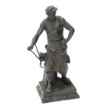 An Emile Louis Picault bronzed spelter figure, Le Travail, on marble finish plinth base, signed, 63c