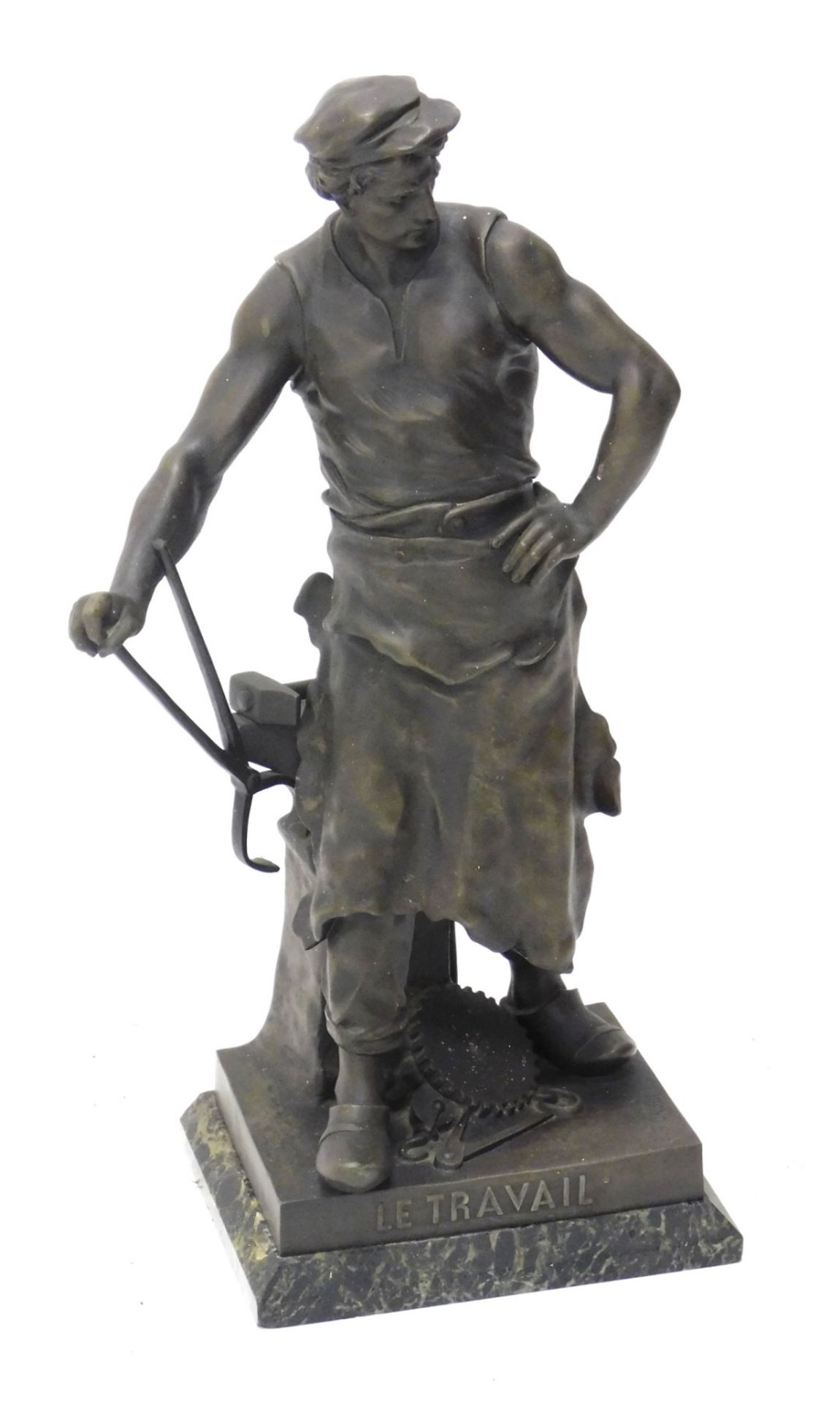An Emile Louis Picault bronzed spelter figure, Le Travail, on marble finish plinth base, signed, 63c