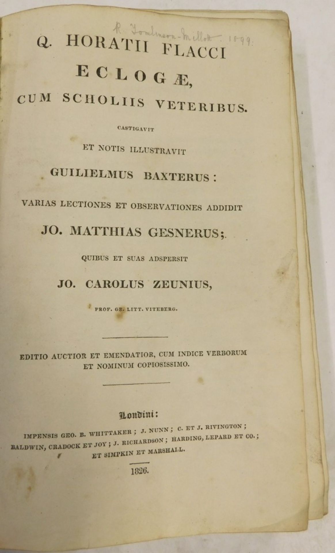 Book, Zeunius (Carolus) Q.Horath Flacci Eclogae Cum Scholiis Veteribus, London 1826, calf boards. - Image 2 of 2