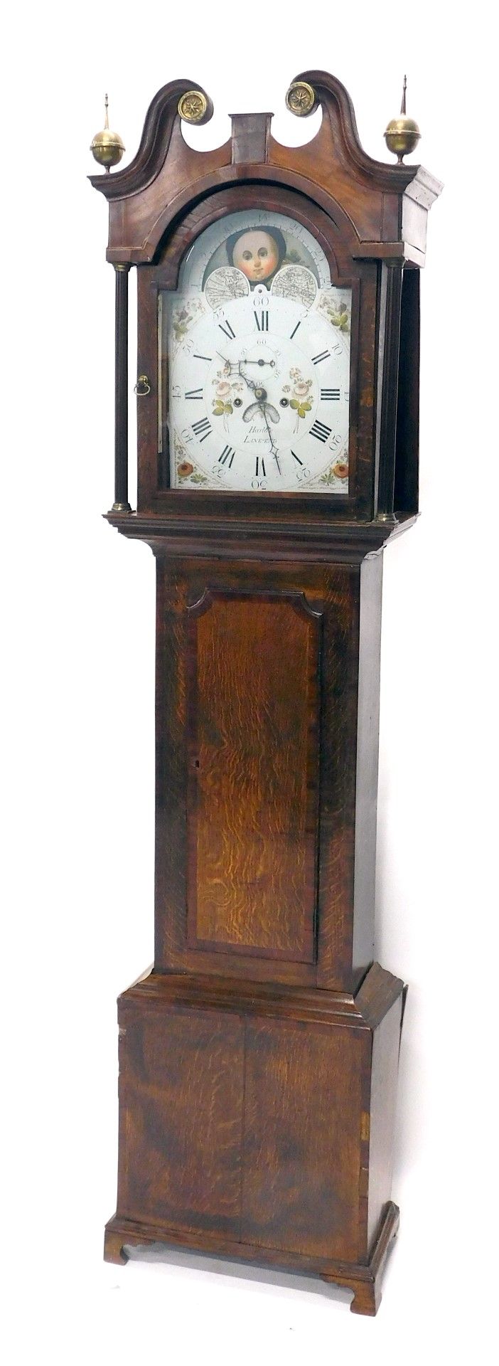 Harlow, Lane-End. An early 19thC moon rolling longcase clock, the 31cm wide painted enamel Roman num