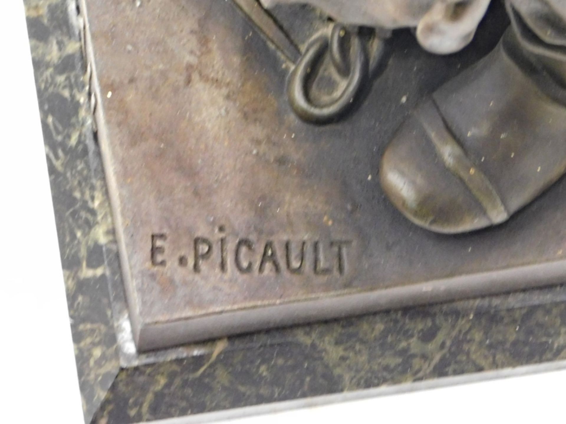 An Emile Louis Picault bronzed spelter figure, Le Travail, on marble finish plinth base, signed, 63c - Image 2 of 2