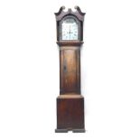 A 19thC oak and mahogany longcase clock, the painted 28cm wide Roman numeric and Arabic arched dial