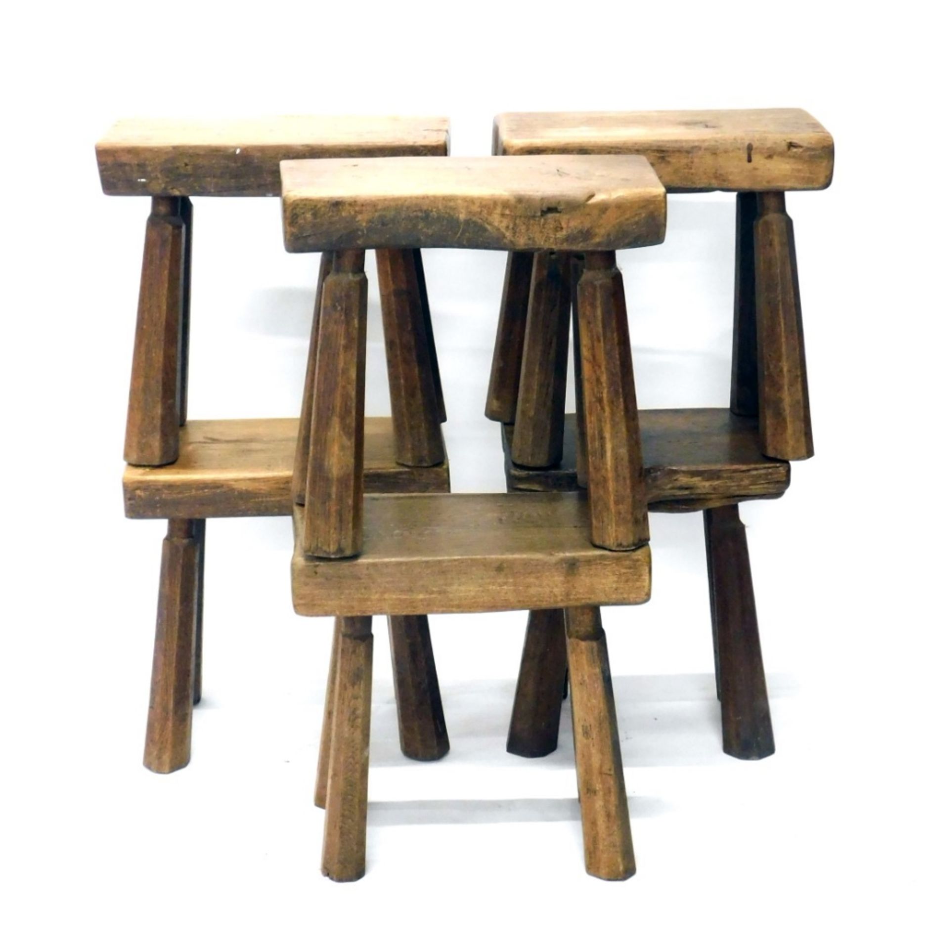 A matched set of six elm stools, with rectangular tops, on chamfered legs, each approx 48cm high, 48