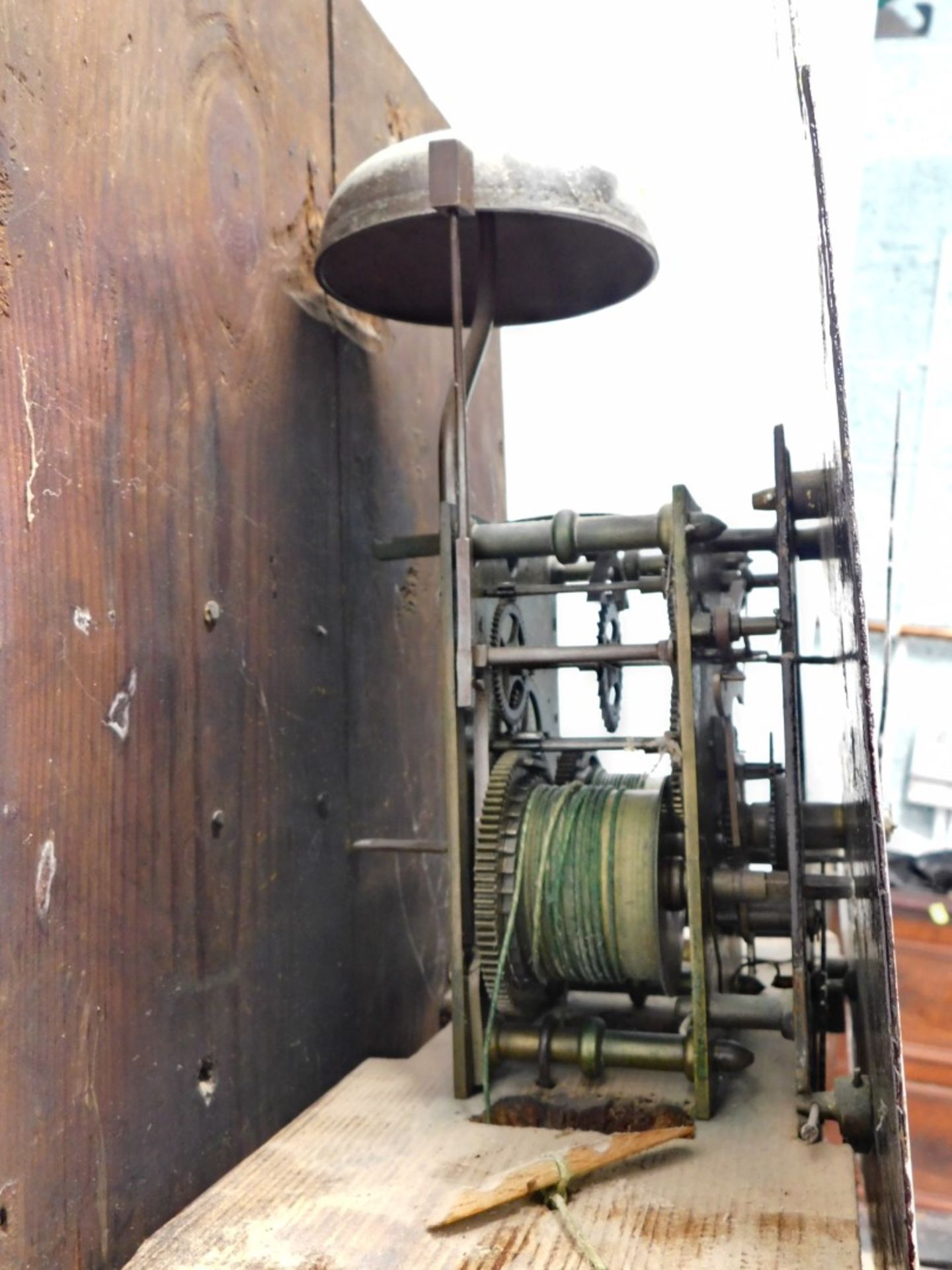 A 19thC oak and mahogany longcase clock, the painted 28cm wide Roman numeric and Arabic arched dial - Image 3 of 4