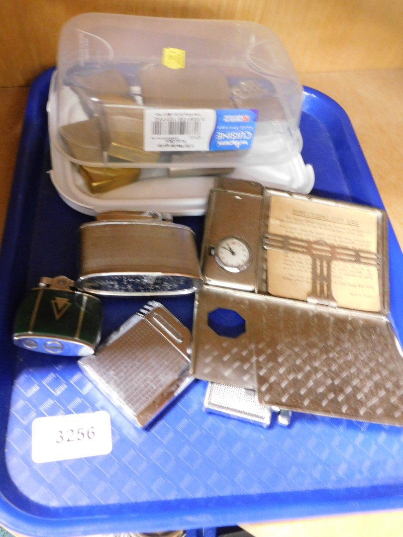 Various pocket lighters, Zippo, and others, Art Deco chrome plated and enamel finish powder compact