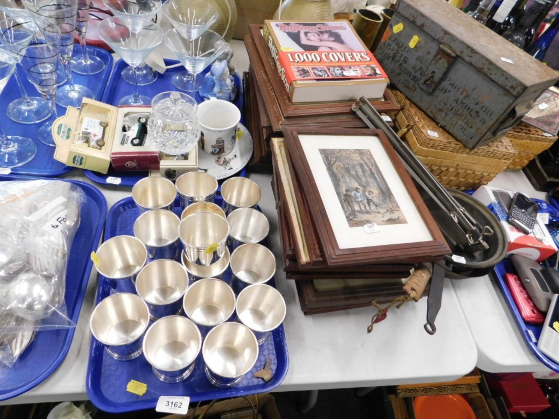 Various silver plated ware, books, prints, pictures, army tin, chrome plated music stand, pans, etc.