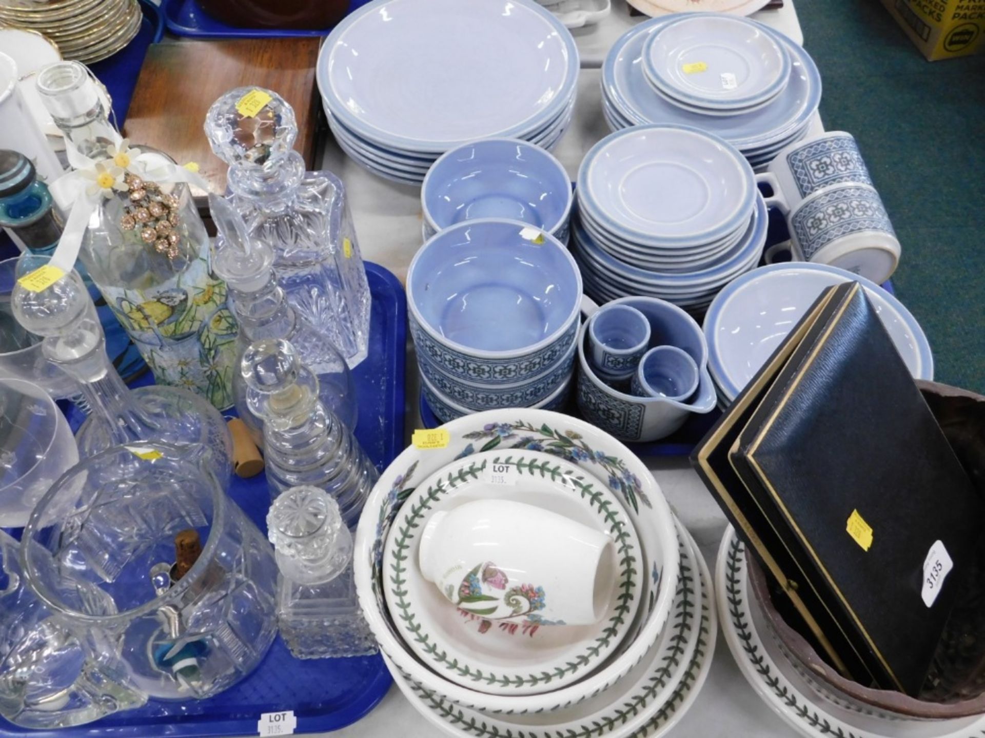 Various glassware, pottery, and effects, Portmeirion, cut glass decanter, pottery jelly mould, cased