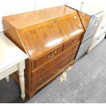 A yew wood finish bureau, and a pair of glazed boxes etched with flowers.