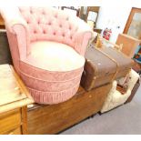 A domed top trunk, oak drop leaf table, studded back tub chair, Victorian toilet mirror, various oth