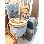 Various chairs, wicker carpet beater, suitcases, pine box, etc. (a quantity)