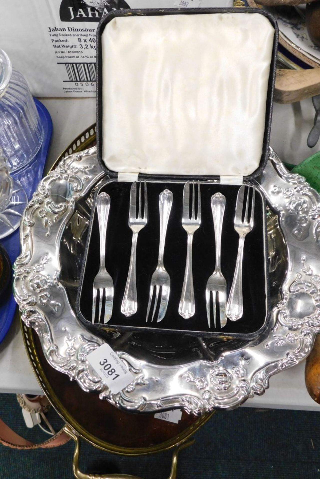 A galleried edged tray, silver plated dish and a cased set of entree forks.