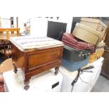 Various luggage, suitcases, hat box, pressed suitcase, Skyline luggage, mahogany box commode. (a qu