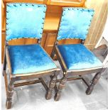 Two oak peacock velvet Clare & Clare dining chairs. (2)