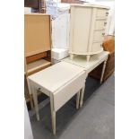 Various cream painted furniture, D end side cabinet, table, drop leaf table, etc.