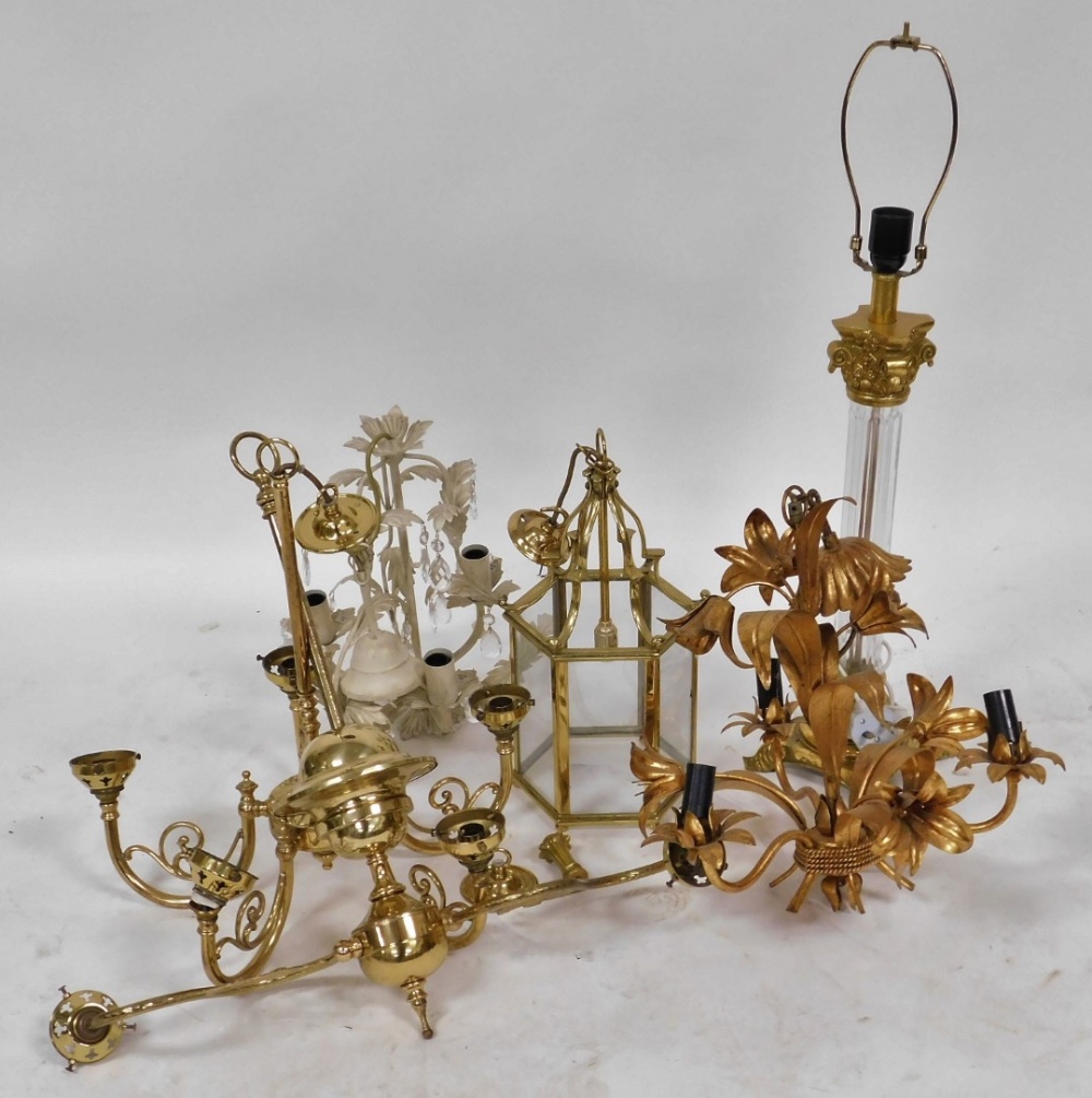 A group of lighting, comprising a brass five branch chandelier, two branch chandelier, gilt metal fl