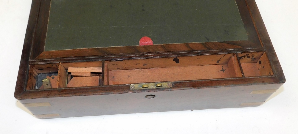 A Victorian walnut and brass bound writing slope, the hinged lid opening to reveal a slope and fitte - Image 5 of 5