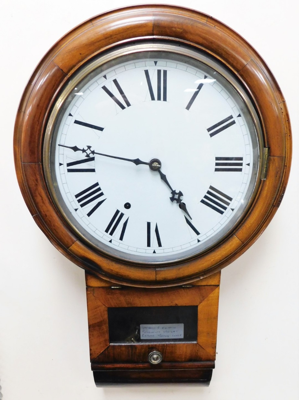 A Victorian mahogany cased drop dial wall clock, with Roman numeric dial, eight day movement, with k