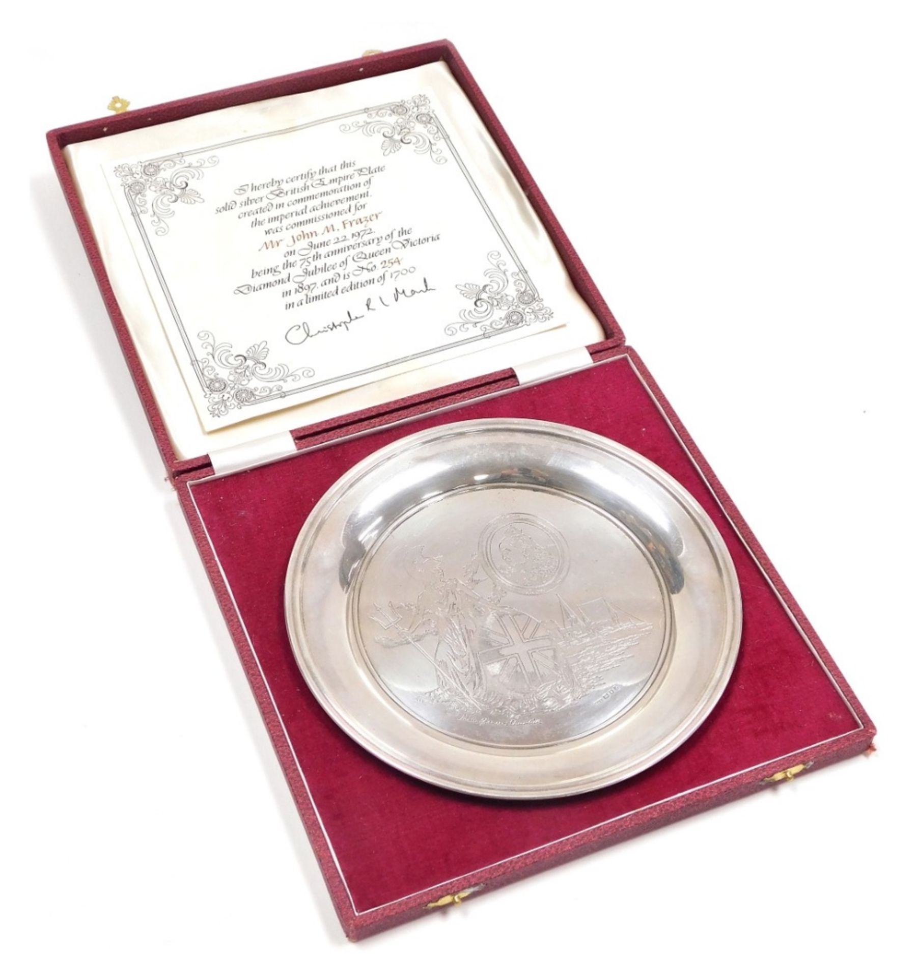 An Elizabeth II silver British Empire commemorative salver, commissioned for Mr John M. Frazer June