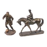 A Veranese bronzed figure of a horse and jockey, raised on an oval vase, 32cm wide, together with a