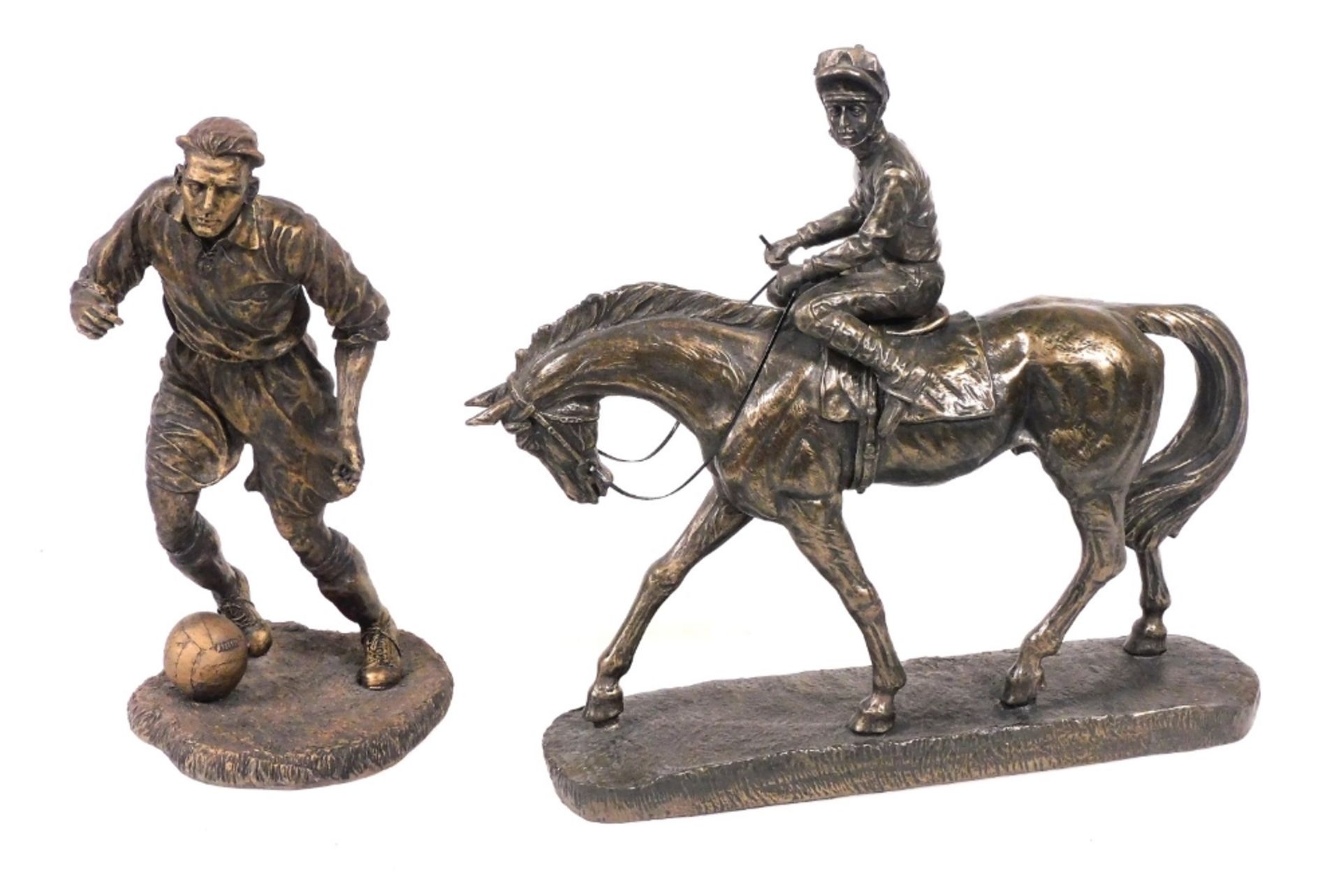 A Veranese bronzed figure of a horse and jockey, raised on an oval vase, 32cm wide, together with a