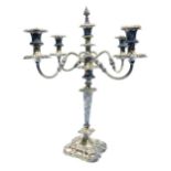 A 19thC electric plated four branch candelabrum, the central stem with a flame shaped candle snuffer