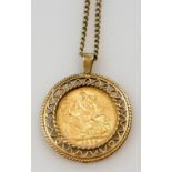 An Edward VII gold full sovereign 1904, in a 9ct gold pendant mount, on a 9ct gold curb link neck ch