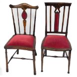 Two associated 20thC bedroom chairs, each with a red velvet overstuffed seat.