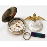 A World War One military compass 1918, stamped Terrasse.W.Co VI, 69310, a dog tag named to Davies, 2