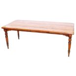 A late 19thC fruit wood plank top dining table, raised on turned legs, 76cm high, 214cm wide, 97cm d