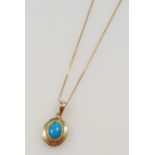 A turquoise set pendant, in yellow metal, on a 9ct gold curb link neck chain, 3.6g.