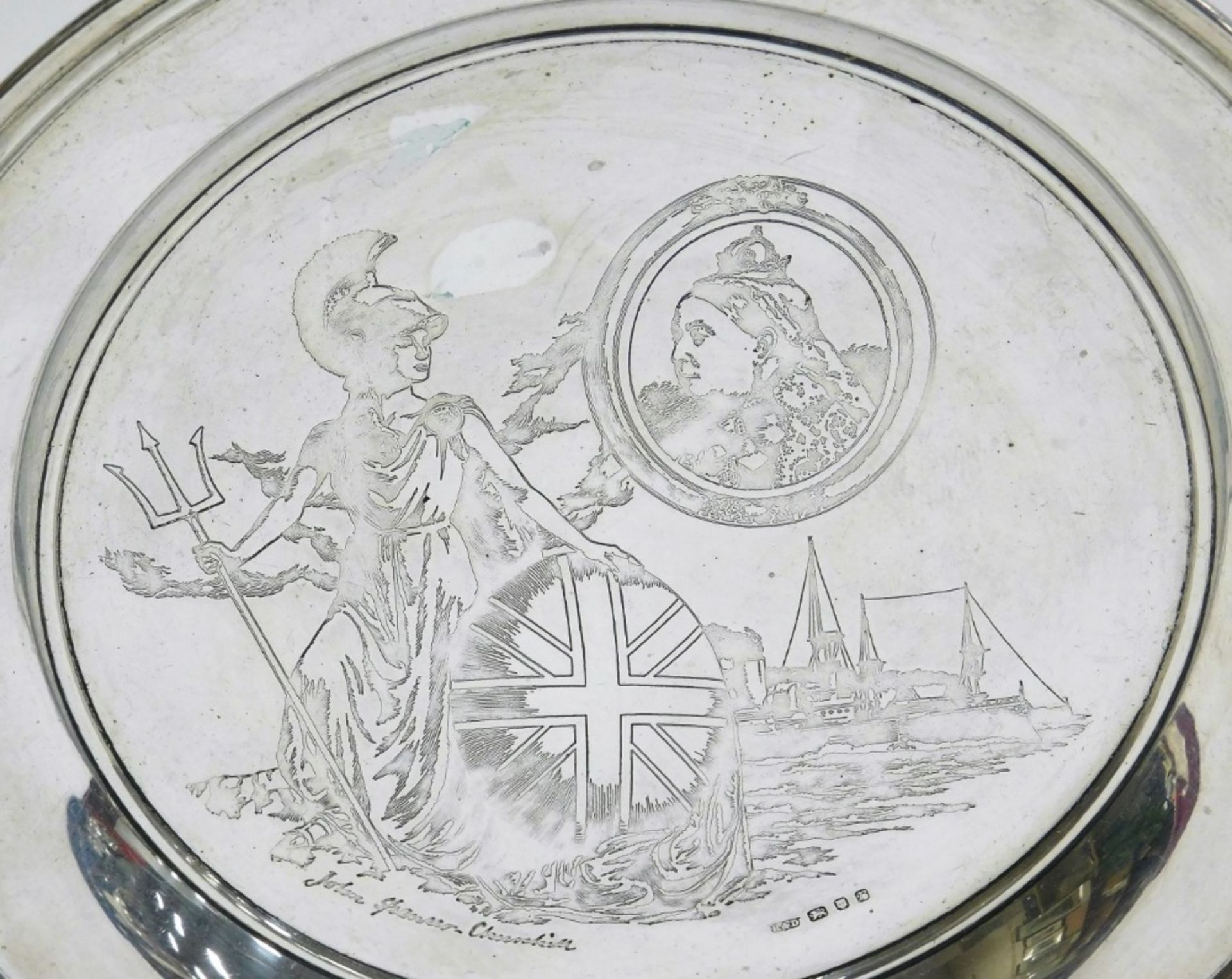 An Elizabeth II silver British Empire commemorative salver, commissioned for Mr John M. Frazer June - Image 2 of 3