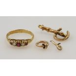 An 18ct gold ruby and diamond five stone ring, size N, 3.0g, a 9ct gold loop attachment, 0.7g, and t