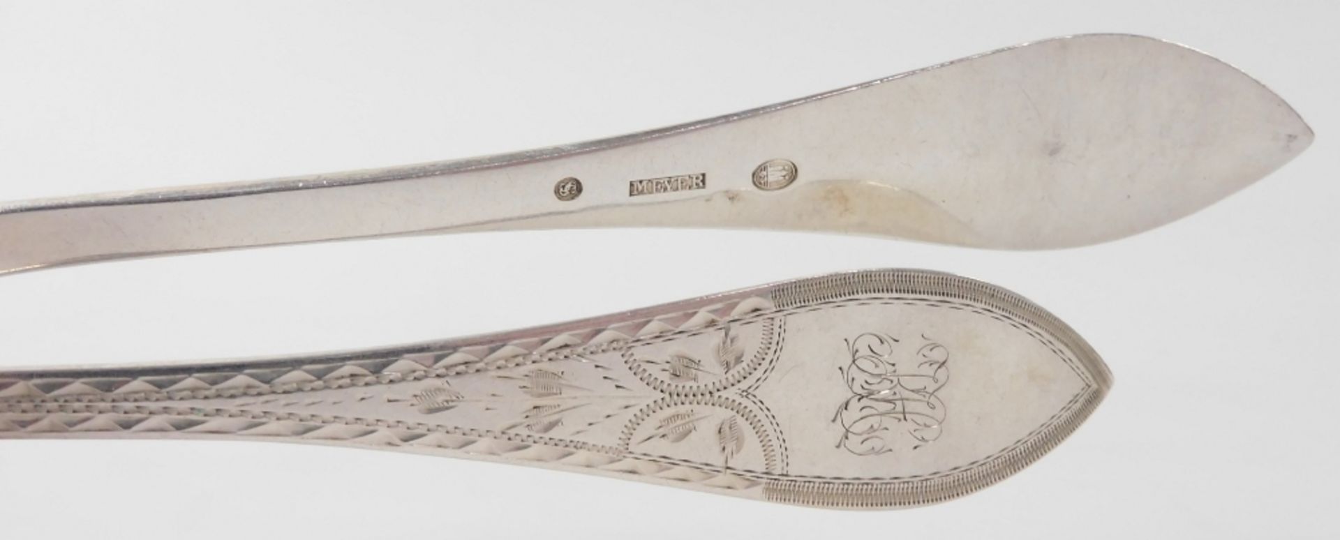 A set of fifteen Meyer Danish silver table spoons, foliate engraved, shield reserve monogram engrave - Image 2 of 2