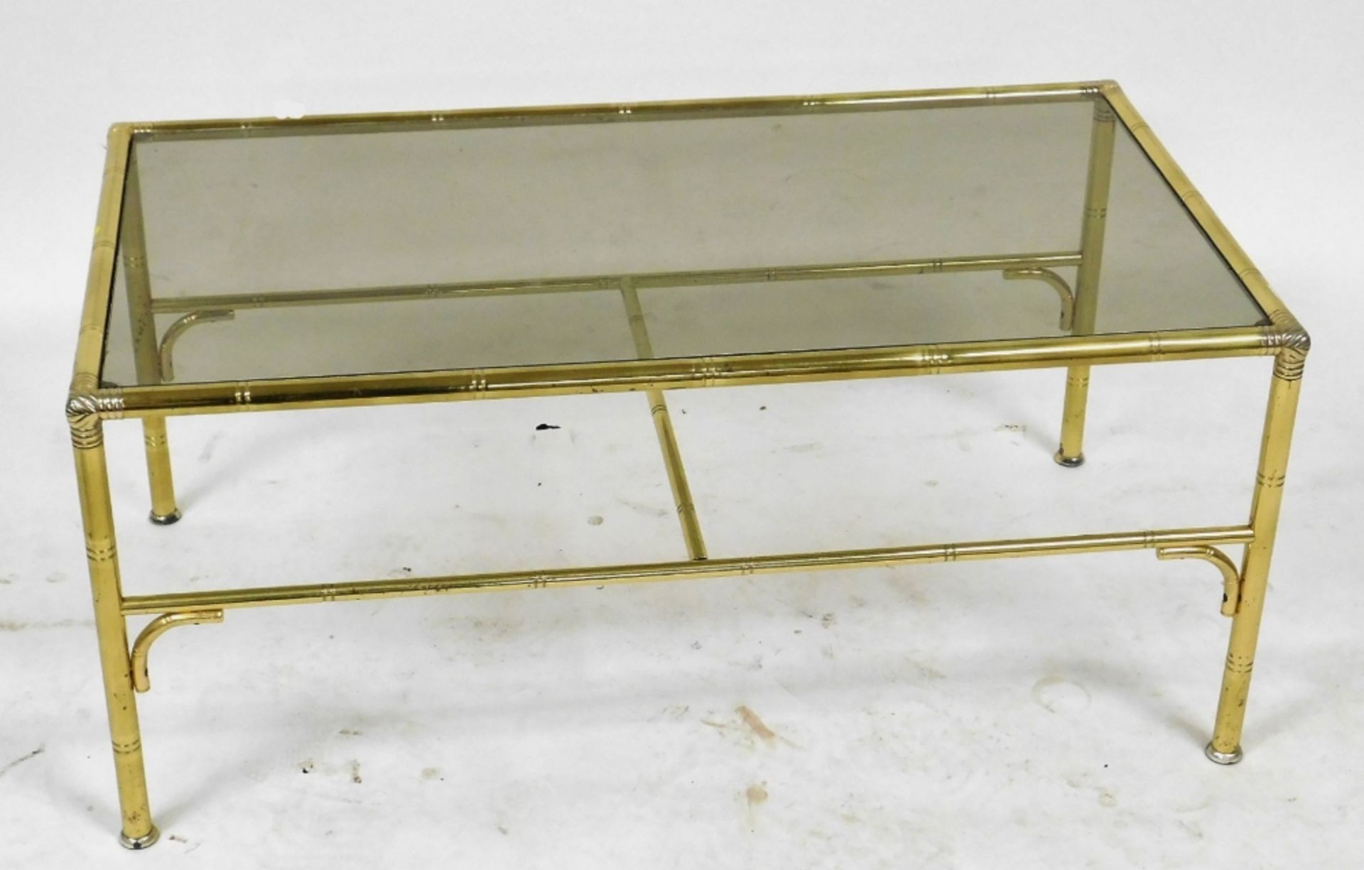 A late 20thC brass nest of occasional tables, inset with smoky glass, comprising a rectangular table - Image 3 of 4