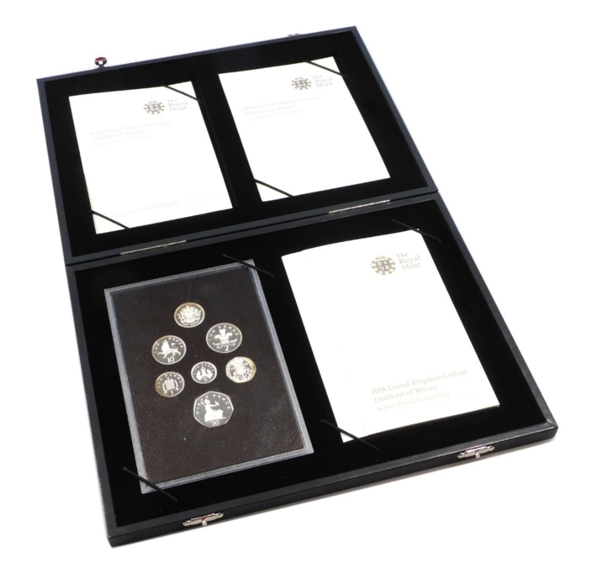 A Royal Mint 2008 United Kingdom Coinage Emblems of Britain silver proof collection, the fitted case
