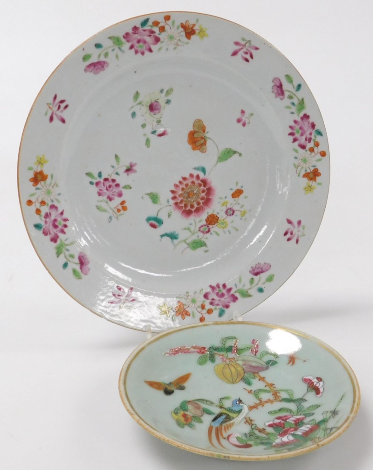 A late 18thC Chinese porcelain famille rose plate, decorated centrally and to the border with variou