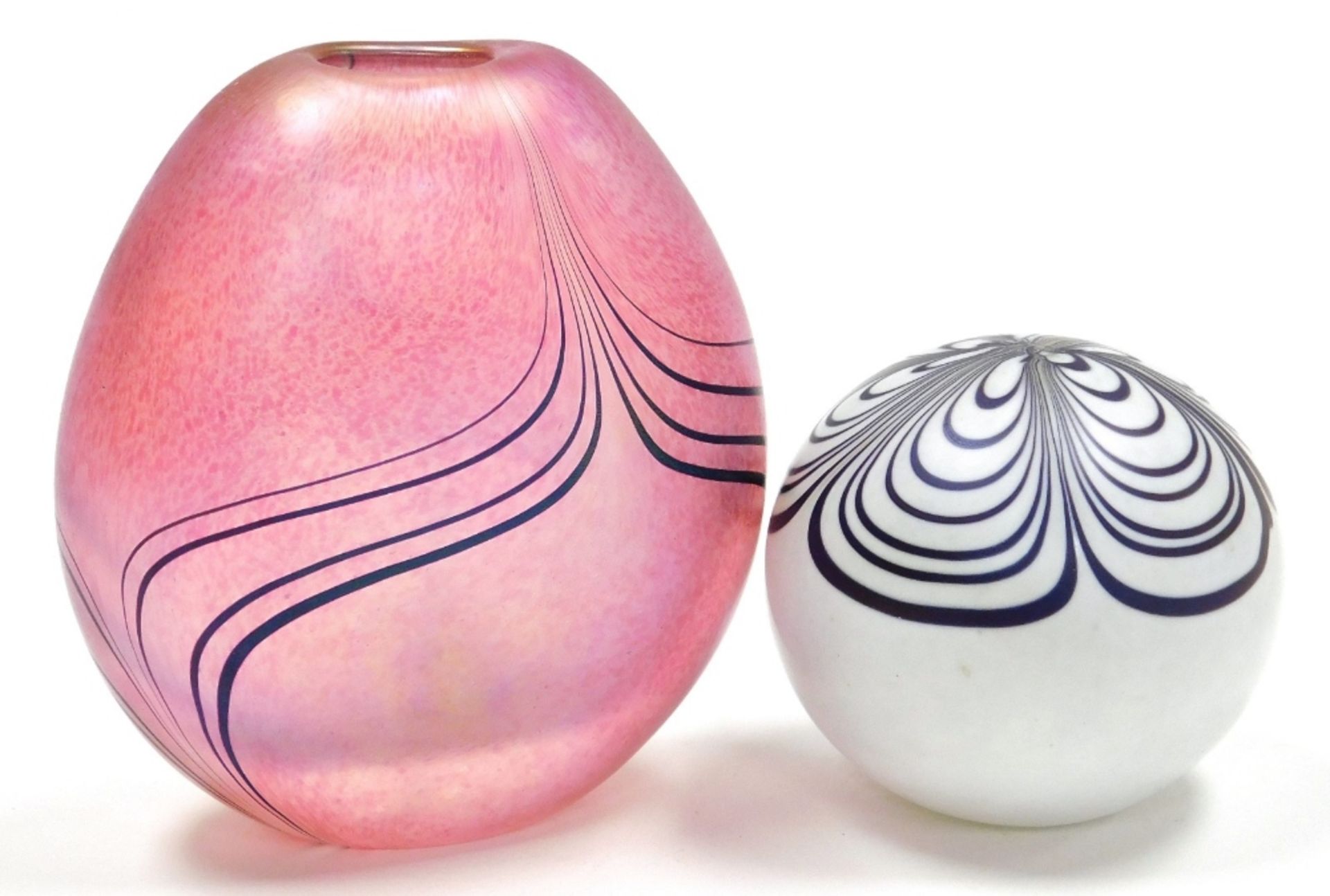 Two pieces of Glasform glass, comprising a paperweight with purple petal decoration against a white - Image 2 of 5