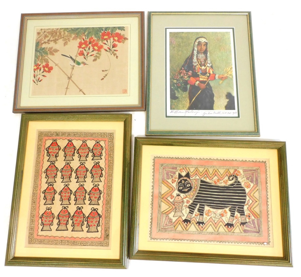 A pair of Indian Madhubani pictures, comprising a cat with fish, and a work depicting a repeat patte