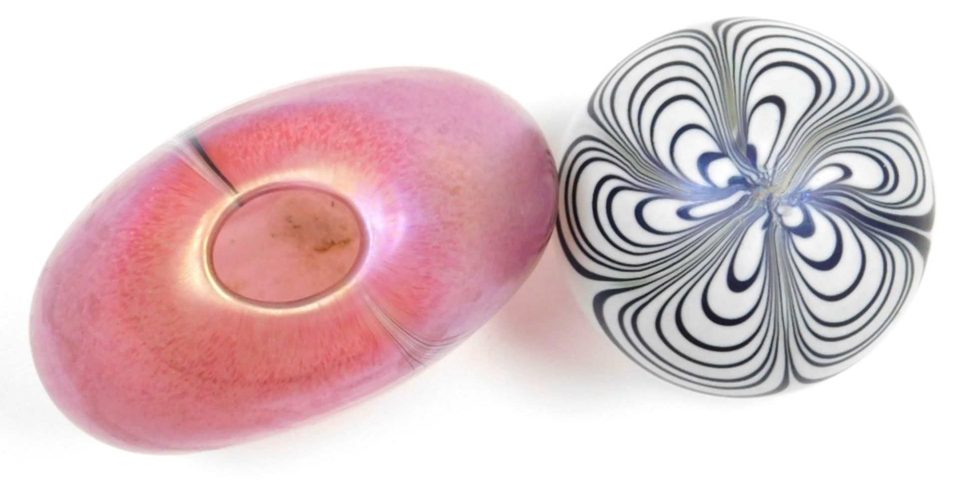 Two pieces of Glasform glass, comprising a paperweight with purple petal decoration against a white - Image 3 of 5