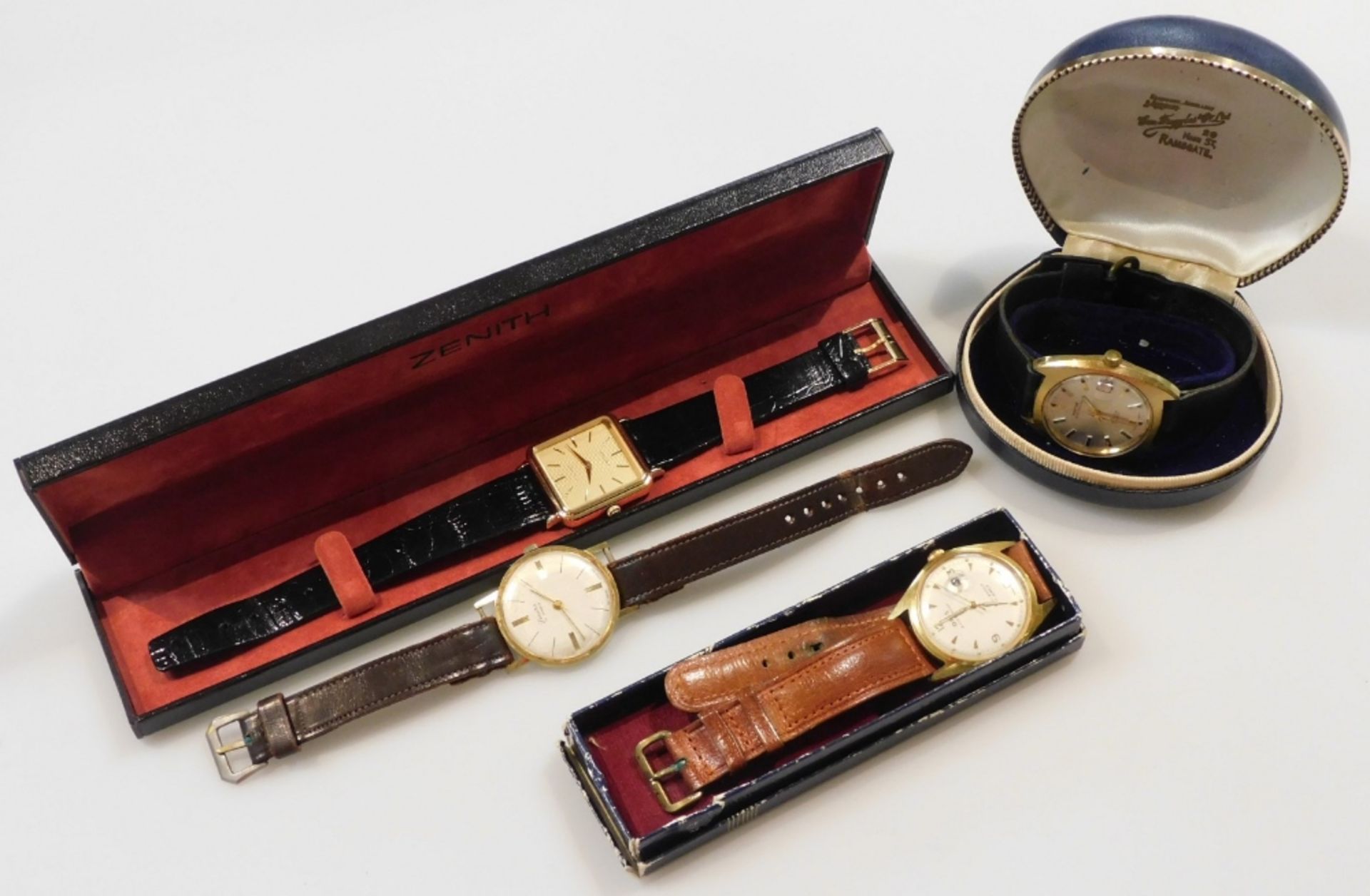 Four gentleman's gold plated wristwatches, comprising a Montine of Switzerland wristwatch, Zenith qu