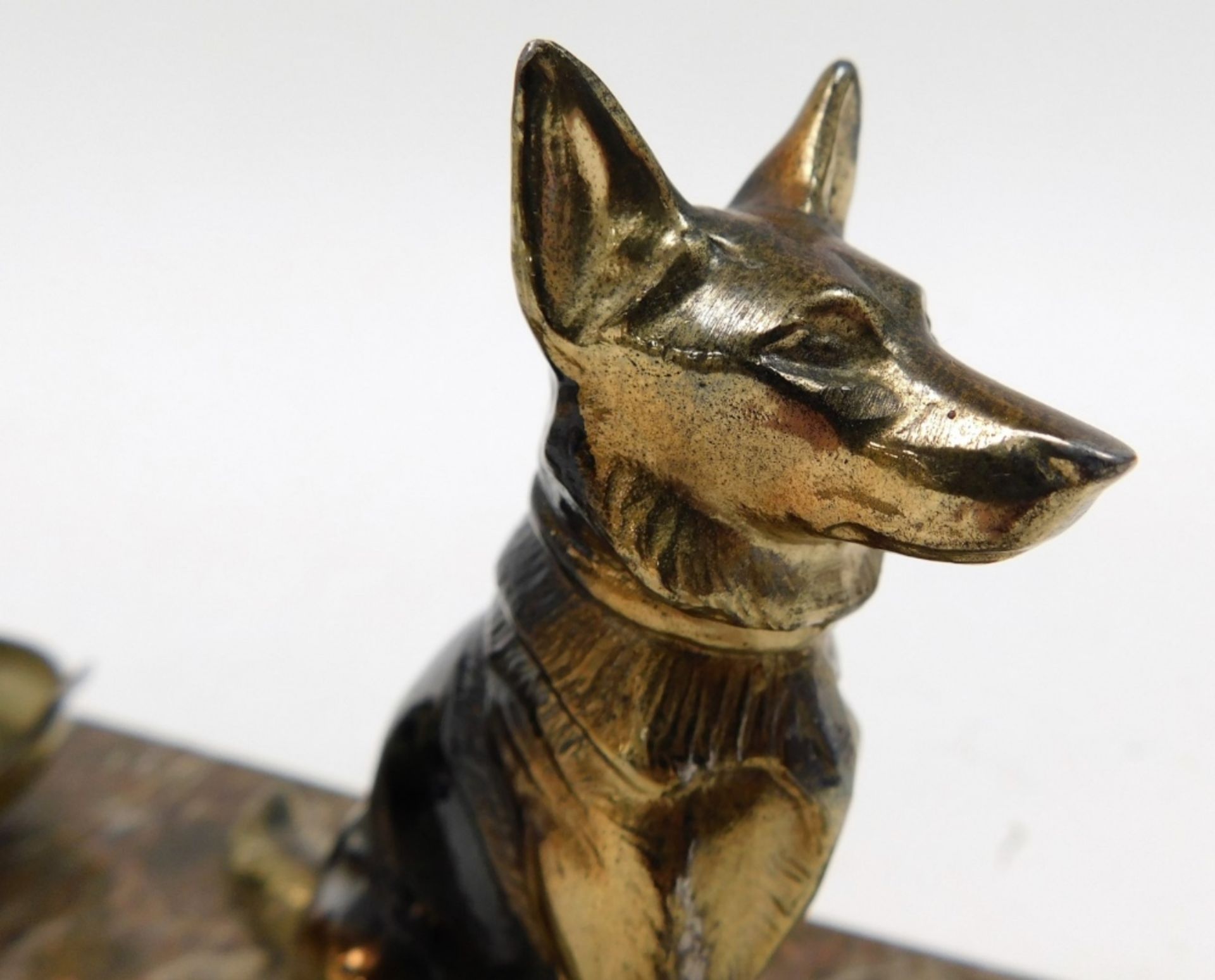 A mid century cold painted brass figural table lamp, modelled as a seated German Shepherd dog, raise - Image 2 of 3