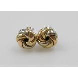 A pair of 9ct three colour gold circular twist earrings, 2.0g.