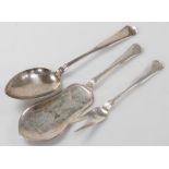 Three items of Danish silver tableware, comprising a Heymann cake slice, Meyer basting spoon and a m