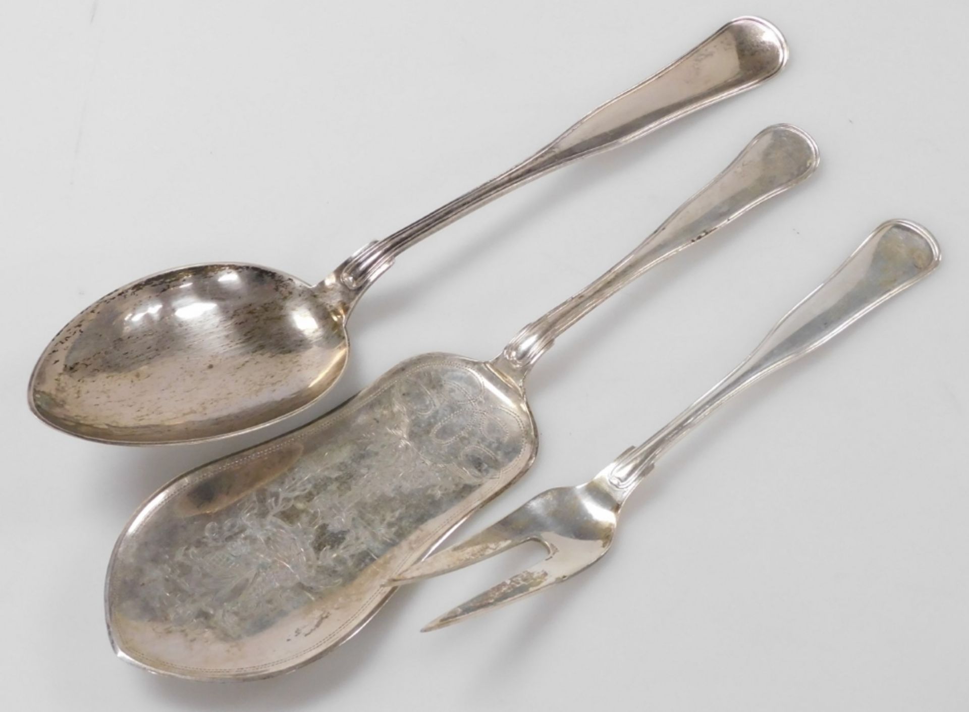 Three items of Danish silver tableware, comprising a Heymann cake slice, Meyer basting spoon and a m