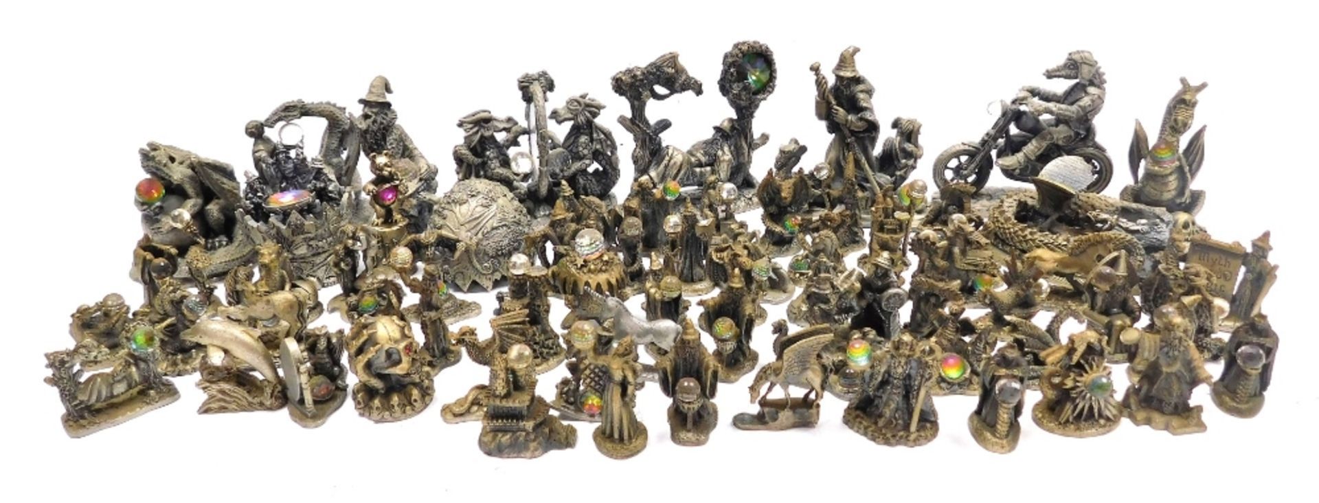 A group of Tudor Mint Myth and Magic figures, to include The Biker, The Wizards Cauldron, The Guardi