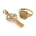 A 9ct gold Celtic cross pendant, and a lady's 9ct gold signet ring, monogram engraved, 3.6g. (2)
